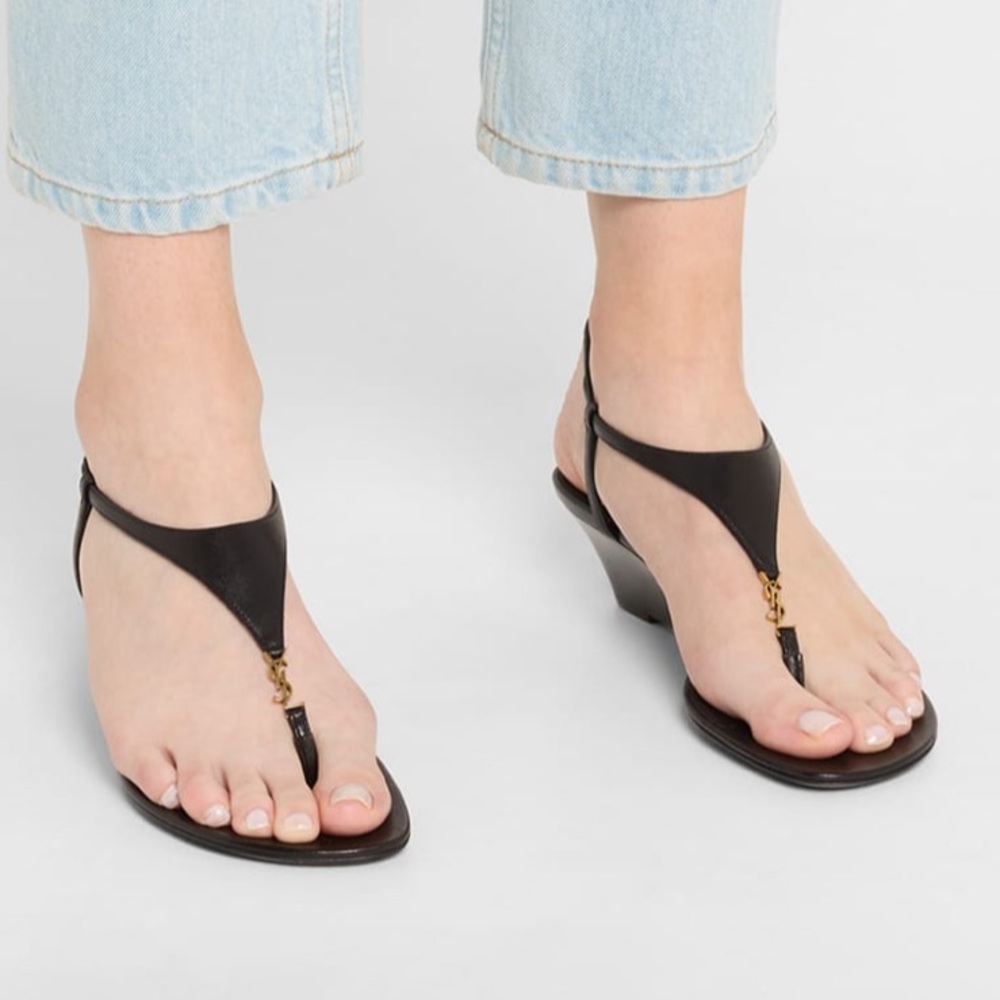 Saint Laurent Black Leather Thong Wedge Sandals with Gold Hardware